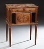 French Carved Walnut Louis XVI Style Marble Top Nightstand, 20th c., the inset highly figured rouge marble above two frieze drawers and a marble lined