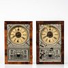 Two New England Clock Co. Cigar Box Clocks, Bristol, Connecticut, mahogany cases with original signed dials, reverse-painted tablets an