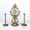 Unusual French Brass Candlestick Clock, last quarter 19th century, scroll-form brass case with a hinged 5 1/2-in. dia. bezel, opening t