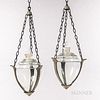 Pair of Owens Illinois Art Deco Apothecary Hanging Show Globes, Owens Illinois Glass Company, cast aluminum carriages in typical Art De