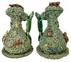 Pair Palissy Style Covered Majolica Ewers 