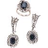 RING AND EARRINGS SET WITH SAPPHIRES AND DIAMONDS. PALLADIUM SILVER