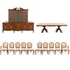 Comedor. Siglo XX. Elaborado en madera enchapada y triplay. Consta de: Mesa, vitrina con trinchador, 2 sillones y 8 sillas.