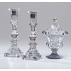 Early Glass Candlesticks and Footed Jar