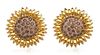 * A Pair of Gold and Colored Diamond Sunflower Motif Earclips, 17.70 dwts.