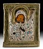 19th C. Russian Icon Brass Oklad / Beads Virgin of Kiss