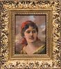 European School, 19th/20th Century Girl in a Red Kerchief. Signed indistinctly l.l. Oil on board, 6 x 4 3/4 in., framed. Condition: Min