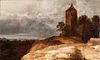 Dutch School, 17th Century Style Landscape with Hilltop Tower and Two Figures Under a Gray Sky. Unsigned. Oil on panel, 8 7/8 x 14 3/4