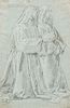 French School, 17th Century Two Nuns Kneeling in Prayer. Unsigned. Black and white chalk on blue paper, 13 5/8 x 9 1/16 in., matted, un