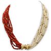 14k Gold, Coral and Beaded Pearl Necklace