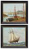 American School, "Harbor Scene," and "Ship in Full Sail," 19th c., pair of miniature oils on board, signed lower right, in monogram "HB," presented in