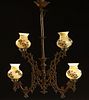 American Retractable Cast Iron Four Light Oil Chandelier, late 19th c., with four floral paint decorated opalescent glass shades, now electrified, H.-