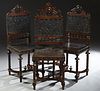 Set of Four French Henri II Style Carved Walnut Side Chairs, c. 1880, the pierce carved crest rail over an embossed leather back above a spindled gall
