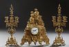 German French Gilt Brass Figural Clock Set, 20th c., by Imperial, the top surmounted by a courting couple on an enamel dial drum clock, time and strik