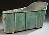 French Provincial Old Zinc Tub, 19th c., of tapered form, with iron handles on flat board plinths, H.- 29 3/4 in., W.- 25 in., D.- 60 in.