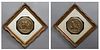 Pair of Circular Bronze Medallions, 20th c., with relief decoration of scenes of ancient classical figures, presented in carved giltwood shadowbox fra