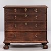 Pine Chest of Four Drawers, probably New England, early 18th century, the molded top on a single arch-molded case, the base with half-r