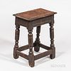 Oak Joint Stool, England, 18th century, the rectangular seat on block-, vase-, and ring-turned legs joined by molded frame and square s