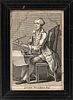 Engraving of "John Wilkes Esq.," England, 18th century, the gentleman, famous for denouncing King George III, seated at his desk, quill