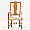 Queen Anne Maple Armchair, New England, 18th century, the serpentine crest rail above a vasiform splat and raking stiles with scrolled