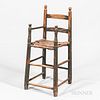 Slat-back High Chair, New England, early 18th century, two slats joined by turned stiles with arms and turned handholds, old painted su