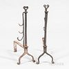Pair of Wrought Iron Andirons, probably New England, 18th century, the ram's horn tops above posts with adjustable spit holders, on sha