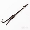 Wrought Iron Spring Tension Ember Tongs, probably 18th century, the tongs with pipe tamp and hanging hook and long arms with olive-shap