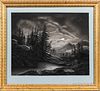 American School, Mid-19th Century, Moonlit Mountain Landscape, Unsigned., Charcoal and chalk on sandpaper, 15 1/2 x 19 1/4 in., matted,
