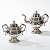 Baldwin Gardiner Coin Silver Teapot and Sugar Bowl, New York, second quarter 19th century, the lobed bodies with scrolling handles, mol