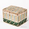 Small Wallpaper-covered Box, 19th century, lid opens on wire hinges, covered all over with white paper ornamented with alternating blue