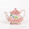 Red Spatterware "Peafowl" Pattern Teapot, England, 19th century, octagonal form with slightly concave panels, allover red and peafowl w