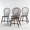 Set of Four Painted Bow-back Windsor Chairs, New England, c. 1810, each with seven spindles, the shaped seats on splayed double-swelled