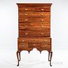 Queen Anne Cherry High Chest of Drawers, probably Massachusetts, c. 1740-60, the flat-molded cornice on a two-part case of ten thumb-mo