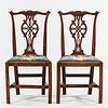 Pair of Chippendale Carved Mahogany Side Chairs, Massachusetts, c. 1760-80, the serpentine crest rails centering leafy scrolls, above t