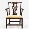 Chippendale Carved Mahogany Armchair, Massachusetts, c. 1770-80, the shaped scrolling crest rail with raised edge centering leafage, re