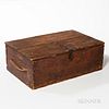 Early Red-washed Pine Storage Box, America or England, late 17th/early 18th century, the two-board top joined by tapering dovetailed br