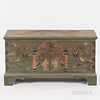 Paint-decorated Pine Dower Chest, Pennsylvania, mid-18th century, the facade painted with Adam and Eve under the apple tree and a serpe