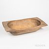 Large Carved Maple Chopping Bowl, New England, early 19th century, the oblong bowl cut from a single rectangular piece of wood, ht. 7,