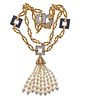 18K Gold Diamond Onyx Crystal Pearl Tassel Necklace 
