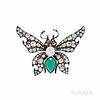 Antique Emerald and Diamond Butterfly Brooch, France, bezel-set with a pear-shape emerald measuring approx. 11.50 x 8.00 x 3.00 mm, cab