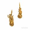 Archeological Revival Gold Earrings, after an antique prototype, depicting Cupids and cornucopia, with granulation and filigree, lg. 1