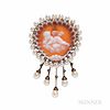 Antique Gold, Hardstone Cameo, Pearl, and Diamond Pendant/Brooch, carved as a scallop shell and depicting Cupid in repose on a cloud, f