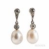 Edwardian Platinum, Natural Pearl, and Diamond Earrings, the pearls measuring approx. 8.97 x 8.85 and 9.05 x 8.93 mm, old European-cut
