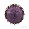 Antique Gold, Amethyst Cameo, and Diamond Pendant/Brooch, depicting a lion with rose-cut diamond eyes, lg. 1 in.