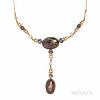 Art Nouveau Gold and Boulder Opal Necklace, set with opal cabochons, and bezel-set sapphires, with pearl accents, lg. 15 1/4, the drop