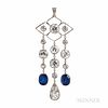 Art Deco Platinum, Sapphire, and Diamond Pendant, bezel-set with two sapphires measuring approx. 7.70 x 6.20 x 4.90 and 7.60 x 6.20 x 4