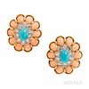 18kt Gold, Coral, Turquoise, and Diamond Earclips, set with cabochon turquoise framed by full-cut diamonds, approx. total wt. 2.00 cts.