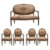 LIVING ROOM SET, FRANCE, 19th century, LOUIS XVI STYLE, Consists of love-seat and four armchairs, made of gilded wood, Pieces: 5