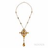 Gold, Citrine, and Diamond Pendant, set with faceted fancy-cut citrines and a buff-top citrine heart, old European-cut diamond accent,