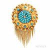Victorian Gold and Turquoise Brooch, set with cabochon turquoise, and suspending a fringe, reverse with compartment, dia. 1 7/16, lg. 2